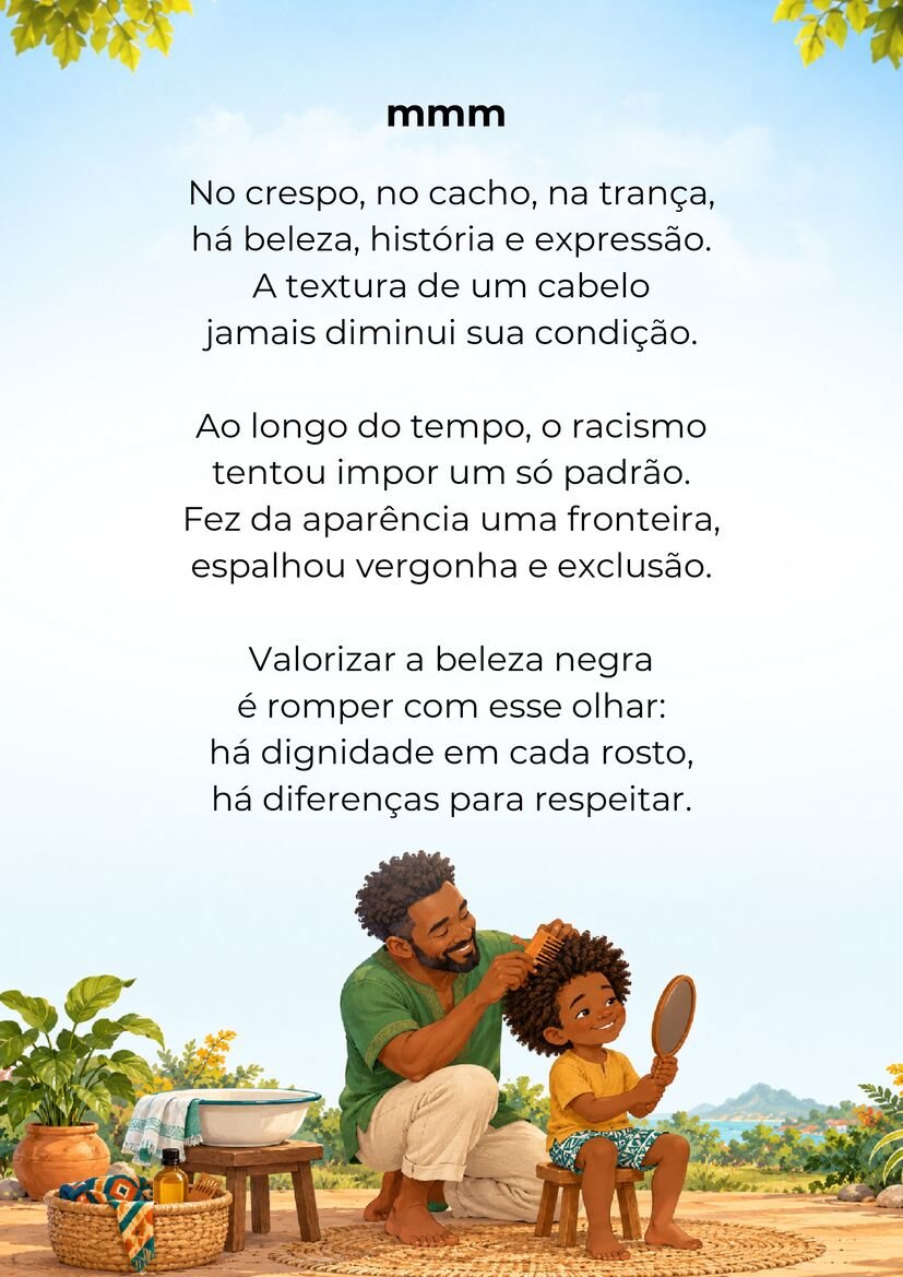 Poema Beleza de raiz, com um homem negro penteando o cabelo crespo de uma criança que segura um espelho.